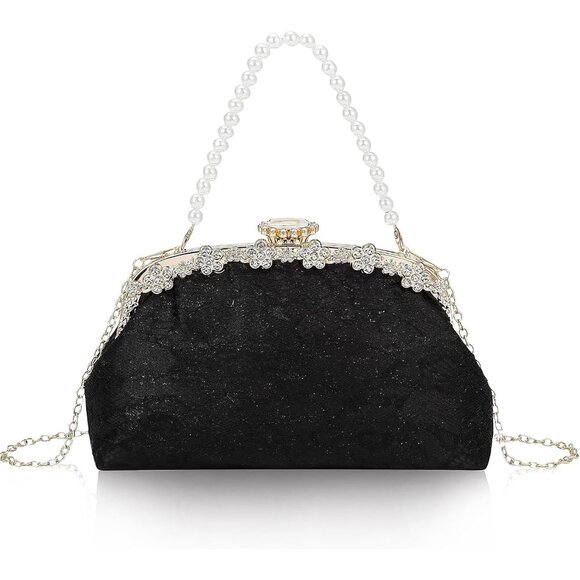 ⚡ Women's Fabric Lace Pearl Chain Rhinestones Black Shoulder Clutch Bag - Picture 1 of 9